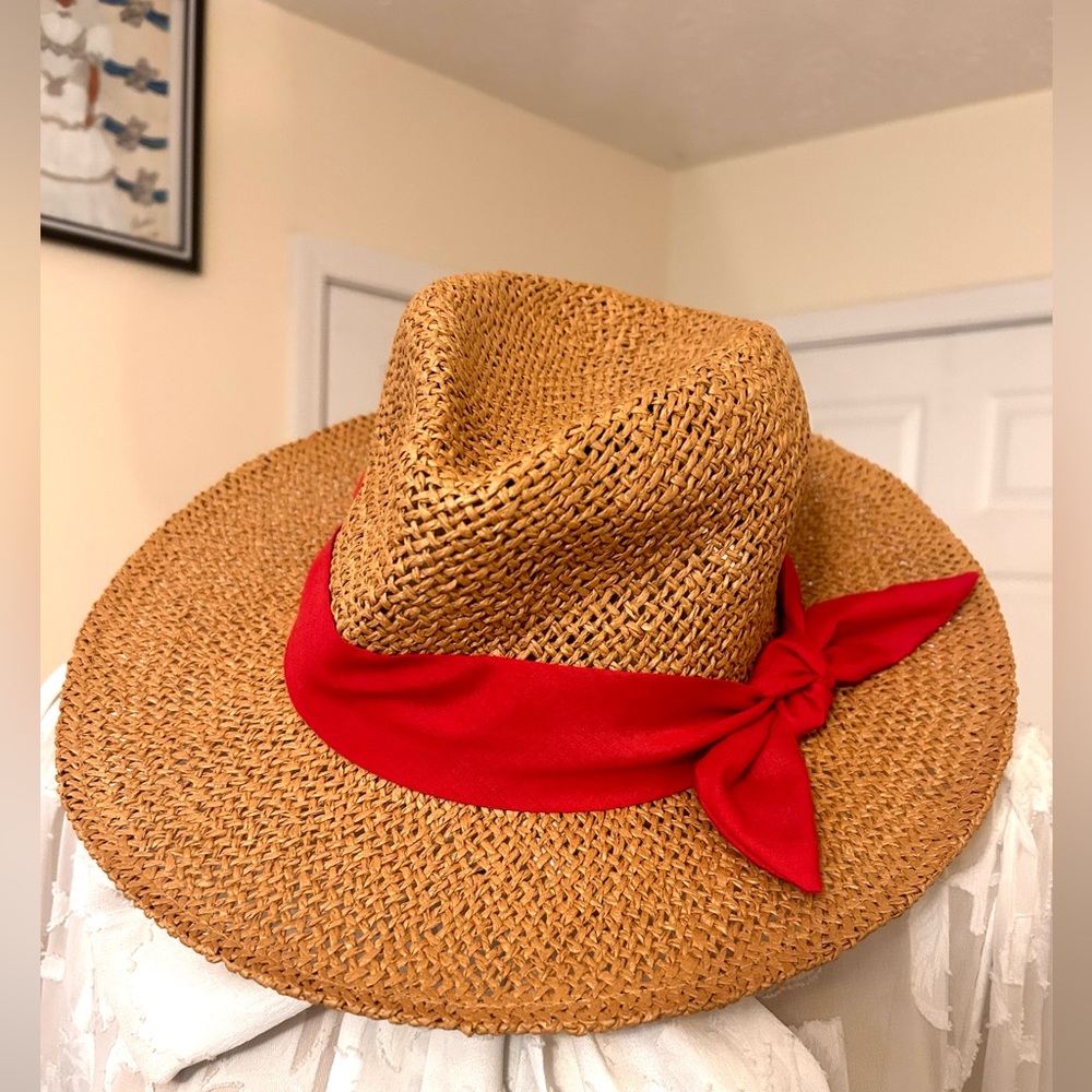 Loft Beautiful Hat with Red Scarf Attached Bow Detail